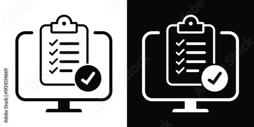 Flat icon of a clipboard with checkmarks on a monitor. Ideal for illustrating online task management, survey completion, electronic checklists, and digital project organization.