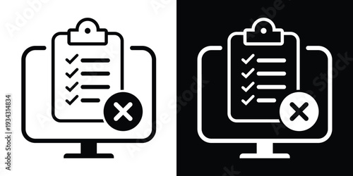 Vector illustration of a computer monitor with a checklist and a cross mark badge. Concept of rejected online application, failed verification, or declined digital form submission.