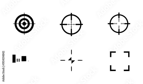 A set of six black and white vector graphic crosshair icons
