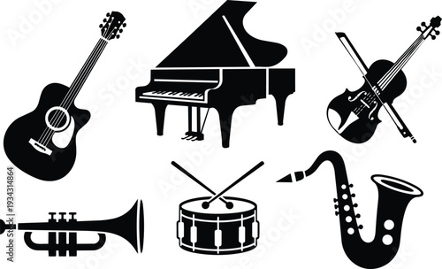Flat design musical instruments set close up acoustic guitar grand piano violin trumpet saxophone snare drum with drum sticks black and white silhouette composition minimalist isolated