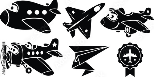 Cartoon airplane icons close up row of playful jet and propeller planes with paper plane and aviation badge isolated bold silhouette smiling cockpit looking sideways low