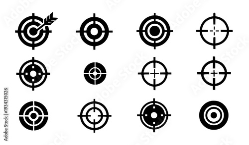A set of black and white target icons in various designs and styles