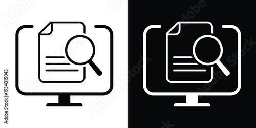 Vector illustration of a computer screen with a document and magnifying glass. Represents digital file search, online document auditing, data verification, and web research concepts.