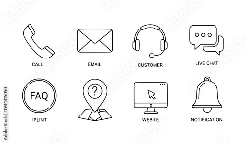 A set of customer service icons including call, email, and live chat symbols