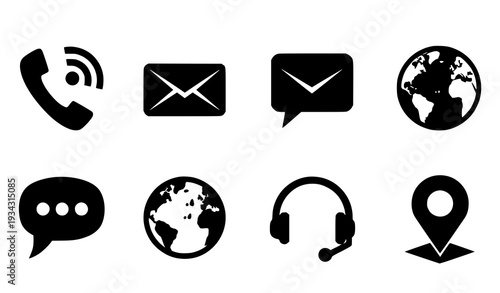 A set of black and white vector icons for communication and navigation