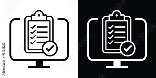 Flat icon of a clipboard with checkmarks on a monitor. Ideal for illustrating online task management, survey completion, electronic checklists, and digital project organization.
