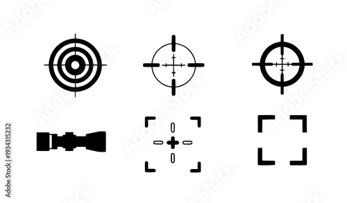A set of black and white vector graphic icons for targeting and aiming
