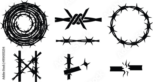 Silhouettes of barbed wire crowns and knots close up on white background black vector icons arranged in grid showing circular wreaths broken strands sharp spikes details