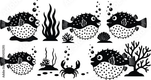 Playful black and white pufferfish group side view with bubbles coral and crab vector illustration close up seaweed and shell on white background nautical ink style