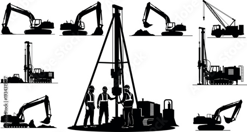 Oil drilling rig and heavy construction machinery silhouettes collection featuring excavators, crane and industrial workers representing petroleum industry, mining operations and engineering i