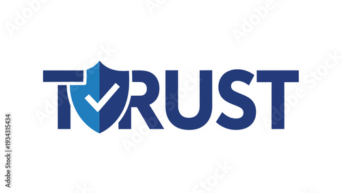 Modern graphic illustration conveying concepts of reliability and digital security through stylized typography featuring a protective shield with a