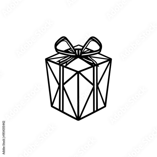 Geometric gift box with ribbon in black line art style  