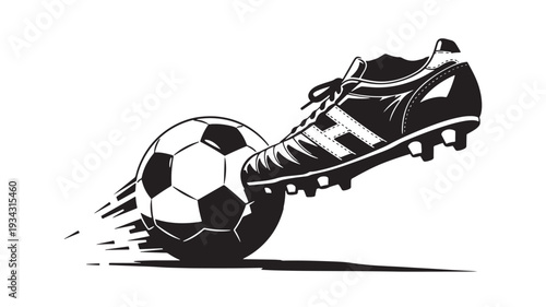 Soccer cleat kicking soccer ball in dynamic motion with bold black and white illustration for sports branding