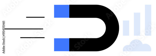 Marketing concept. Magnet customer attraction, alongside graph and cloud for growth and data insights. Marketing, analytics, data-driven strategies, digital tools, business growth