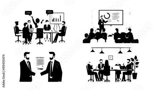 A set of black and white vector graphics depicting business people in various office settings