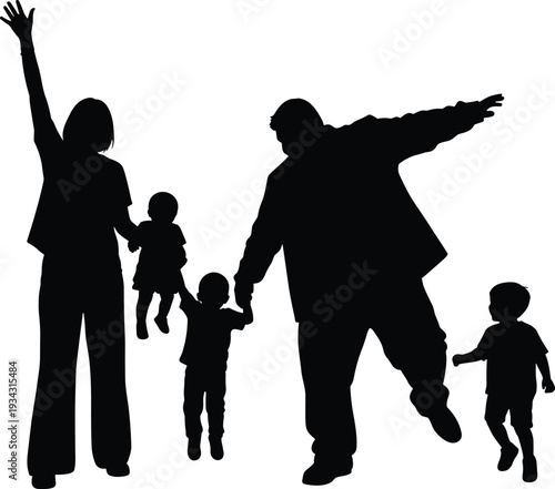 Black silhouette of family with four members white background parents