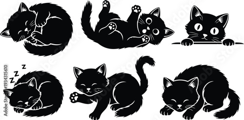 Silhouette vector close up playful black kitten in various poses curled sleeping rolling peeking over edge paw raised tail up studio white background soft adorable mood