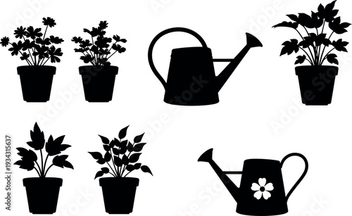 Potted plants and watering can silhouettes collection representing home gardening, houseplants care, indoor garden decoration and plant nurturing for eco friendly lifestyle