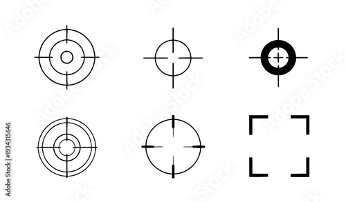 A set of six black and white vector target icons with various designs