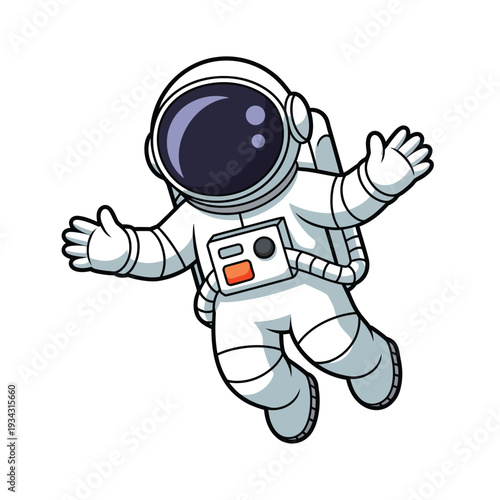 Cartoon astronaut floats cheerfully with arms outstretched in space