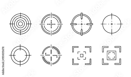 A set of vector graphic crosshair and target icons in a minimalist design style