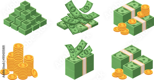Stacks of cash banknotes and gold coins money finance wealth payment currency investment business vector illustration set isolated on white background