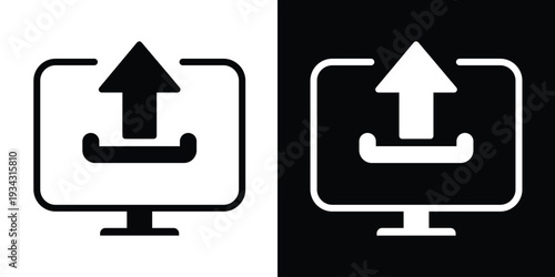 Vector icon of a desktop monitor with an upward arrow. Represents uploading files to a server, cloud data backup, digital content sharing, and online data transmission concepts.