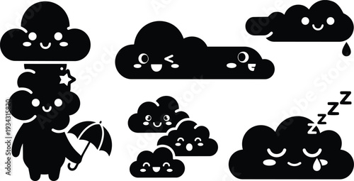 Cute kawaii cloud characters stacked and holding umbrella with smiling faces sleeping and winking expressions black silhouette vector illustration isolated playful friendly minimal flat icon design