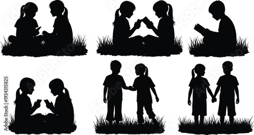 Black silhouettes of children reading and interacting on grass