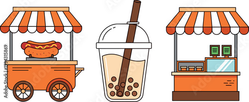 Street food stall and bubble tea drink vector set featuring hot dog cart takeaway beverage cup and market kiosk illustration