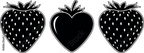 Strawberry fruit silhouette icon set with seeds and leaves fresh berry vector illustration isolated on white background for food design