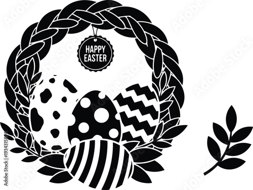 Silhouette easter wreath with braided rope leaves and patterned eggs close up flat vector composition with happy easter tag hanging seasonal decorative black contrast monochrome bold