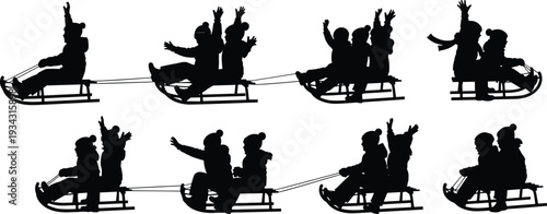 Black silhouettes of children riding sleds in various poses winter snow