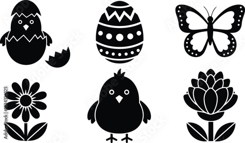 Flat silhouette icons close up grid of chick cracked egg decorated egg butterfly daisy lotus easter flowers simple black on white vector center chick looking forward