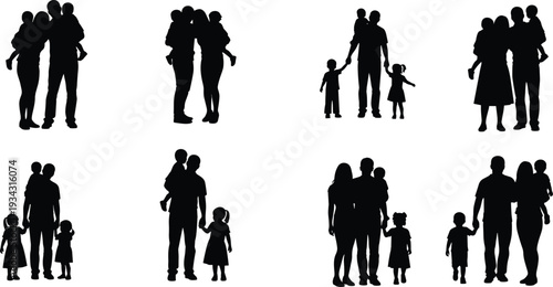 Black silhouettes of people and children in various family groupings