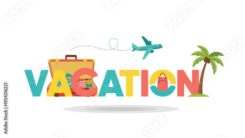 A lively graphic portraying the excitement of a forthcoming vacation, featuring an aircraft, an open suitcase, and a palm tree, encapsulating joyous