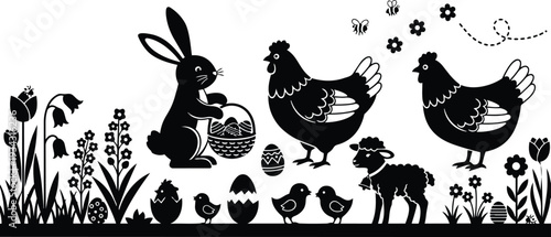 Silhouette close up side view easter bunny holding woven basket of eggs with hens chicks and lamb among spring flowers black and white landscape vector illustration