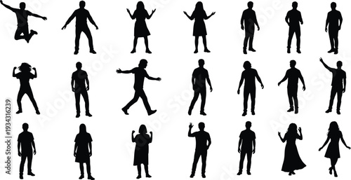 Black silhouettes of people in various poses on white background