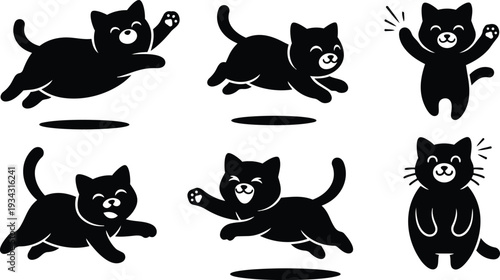 Silhouette sticker sheet showing six black cats in playful jumping pouncing and waving paw poses close up front view smiling faces angle simple shapes vector style