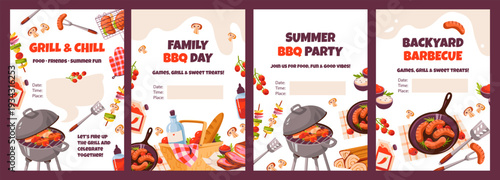 BBQ party invitation template with grill and sausages. Summer backyard barbecue poster design for outdoor event promotion. Festive summer cookout banner.