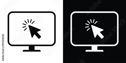 Computer monitor icon with a solid arrow cursor clicking. Minimalist vector graphic showing a mouse pointer selecting content on a screen, perfect for web navigation and technology themes.