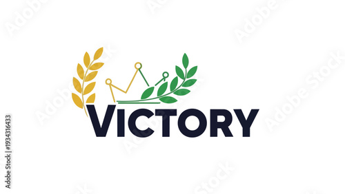 A distinctive emblem for victory, featuring a stylized crown, golden wheat stalk, and vibrant green laurel branch, representing ultimate triumph and