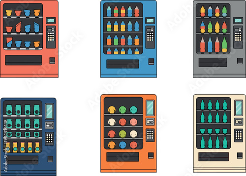 Vending machine collection with snacks drinks bottles and cups automatic retail dispenser machines vector illustration set isolated on white background