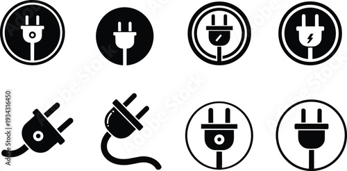 Flat black plug icons set close up top view eight electric outlet plug symbols simple circle badge vector style monochrome isolated white background high contrast
