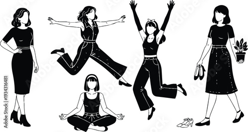 Monochrome flat illustration close up five women in varied poses jumping meditating standing holding plant shoes casual clothing studio lighting energetic calm lifestyle minimalist black white
