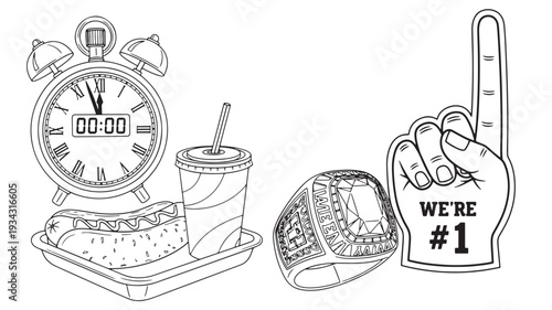 Championship sports fan items with championship ring and alarm clock on tray with soda and hot dog in black and white line art for sports marketing