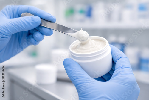 Pharmacist Scooping Medicinal Cream from Jar in Pharmacy Laboratory
