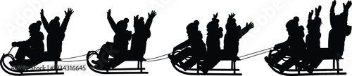 Black silhouettes of people riding a toboggan with hands raised sled winter