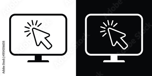 Line art style monitor icon featuring an outlined arrow cursor click. Clean vector illustration representing software interaction, web browsing, and computer input in a modern outline format.