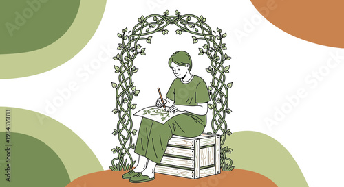 Artist Drawing Nature Outdoors Under Floral Archway, Creative Hobby